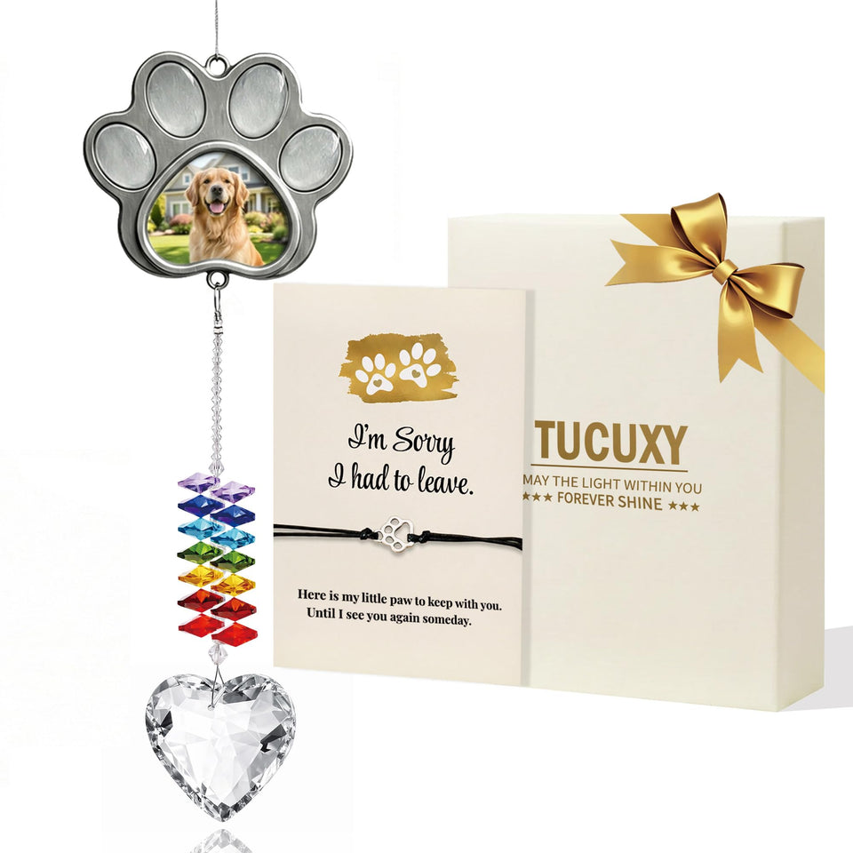 TUCUXY dog memorial suncatcher with paw frame highlights cherished memories in sunlight.