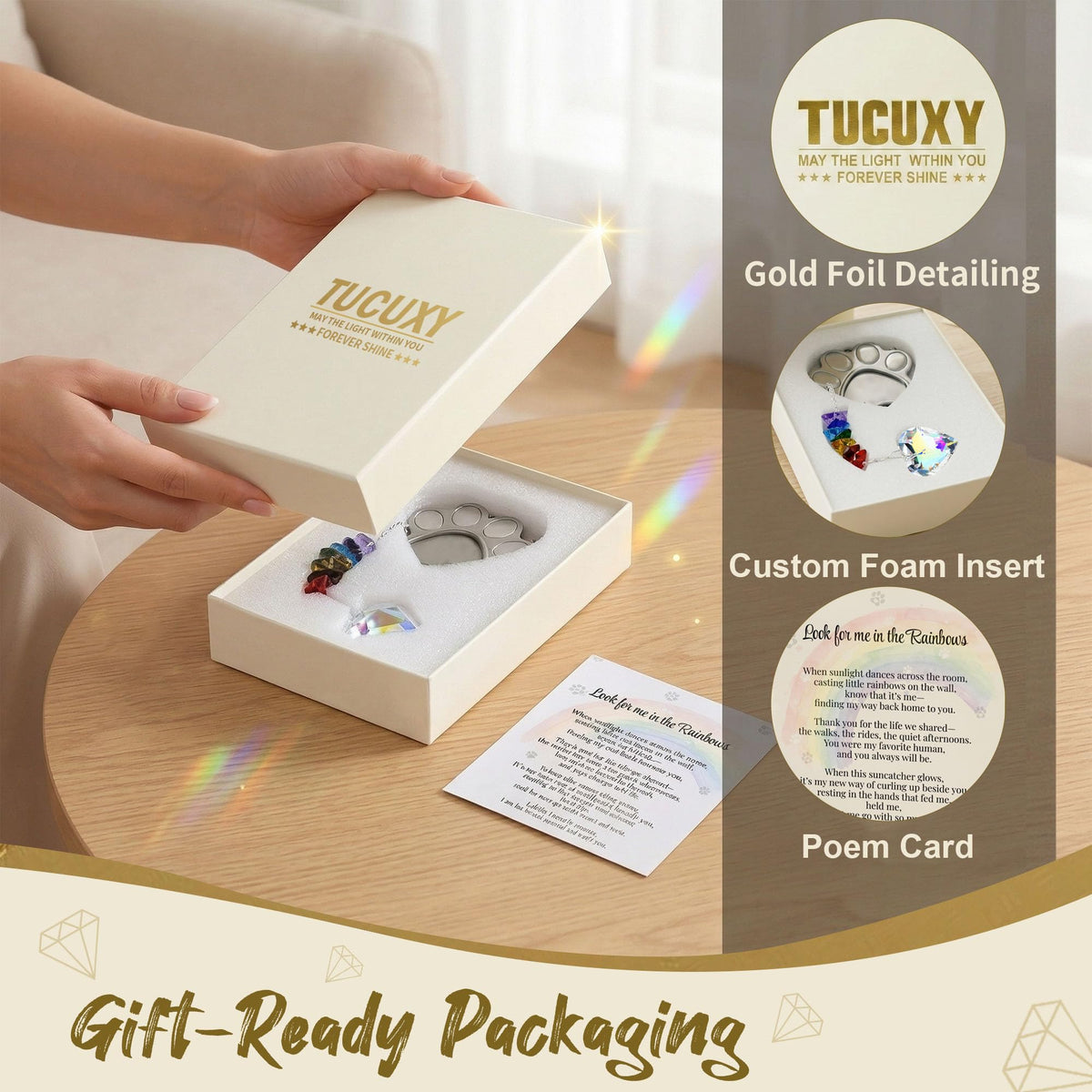 TUCUXY easy-hang suncatcher for window display and daily remembrance.
