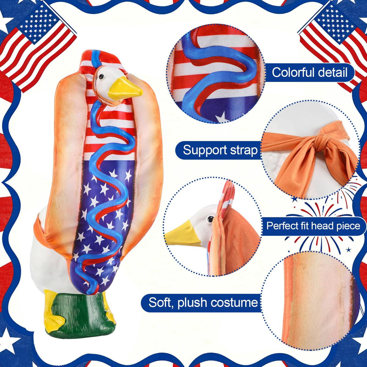 Durable fabric goose costume withstands outdoor use on garden statues.