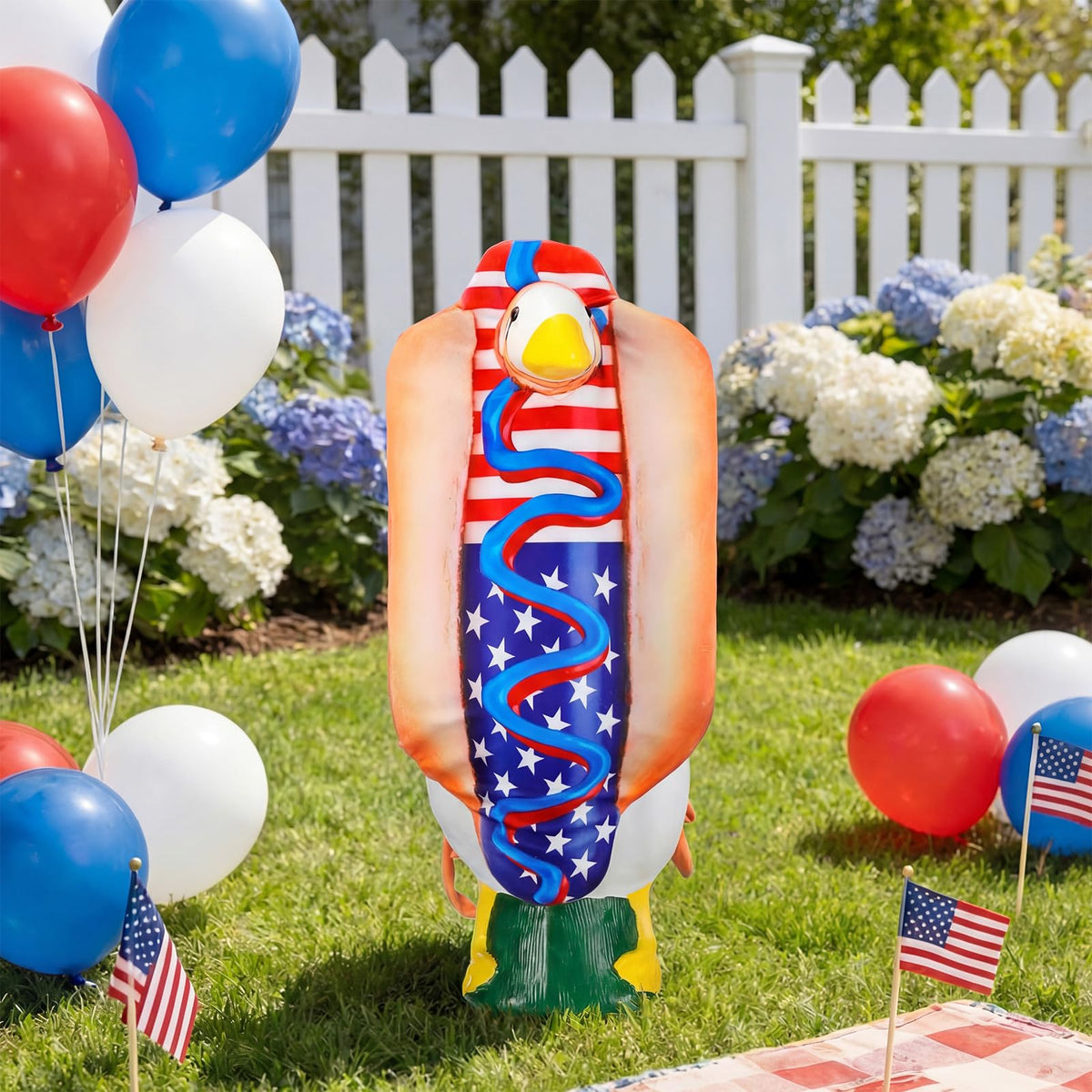 Hot dog design with American flag accents for Independence Day decor.