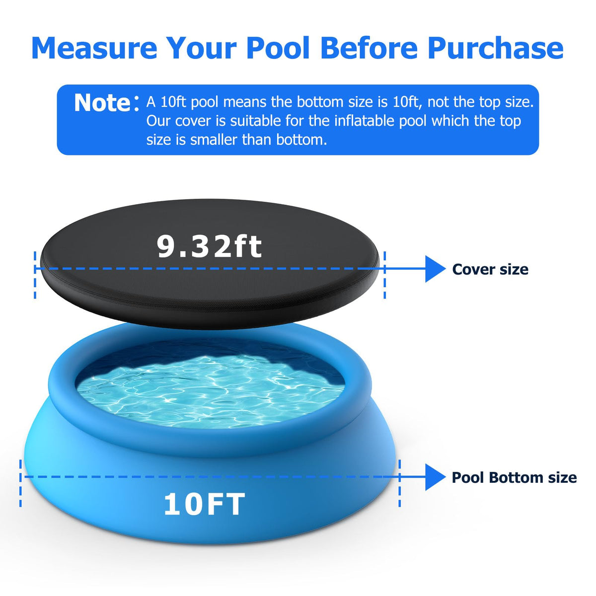 Tufmunb 10ft round pool cover shows no drain holes to keep pool clean.