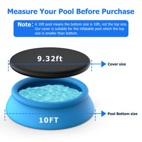 Tufmunb 10ft round pool cover shows no drain holes to keep pool clean.