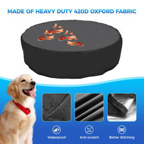Tufmunb cover fits 64 inch diameter, 12 inch height, and stays put in wind.