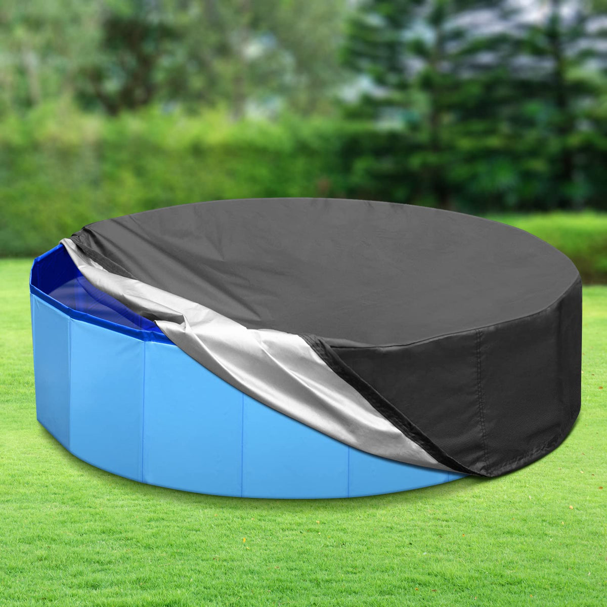 Tufmunb dog pool cover 63-64 inch round shields water from debris and pollen.