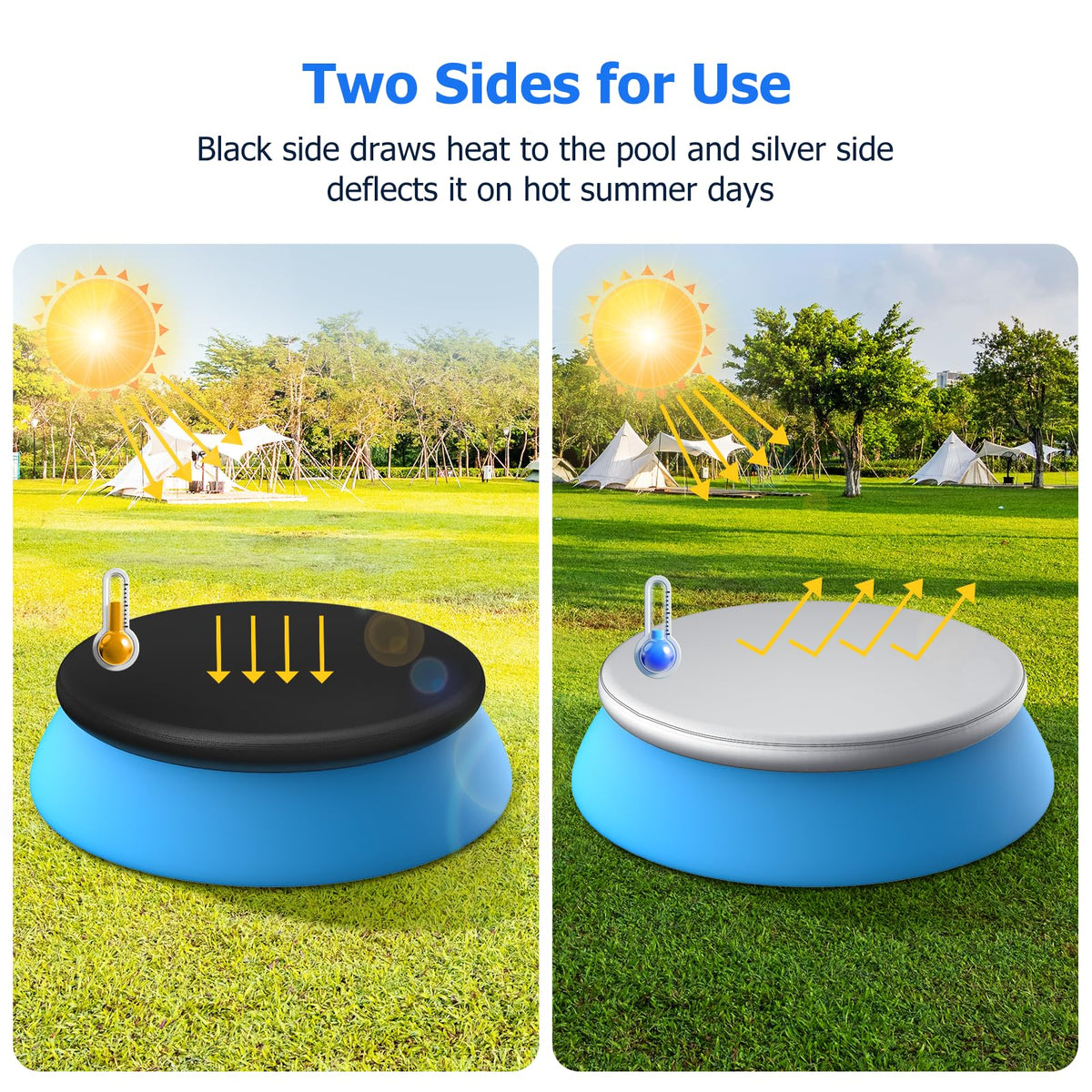 Tufmunb pool cover showing heat-absorbing black side and heat-deflecting silver side