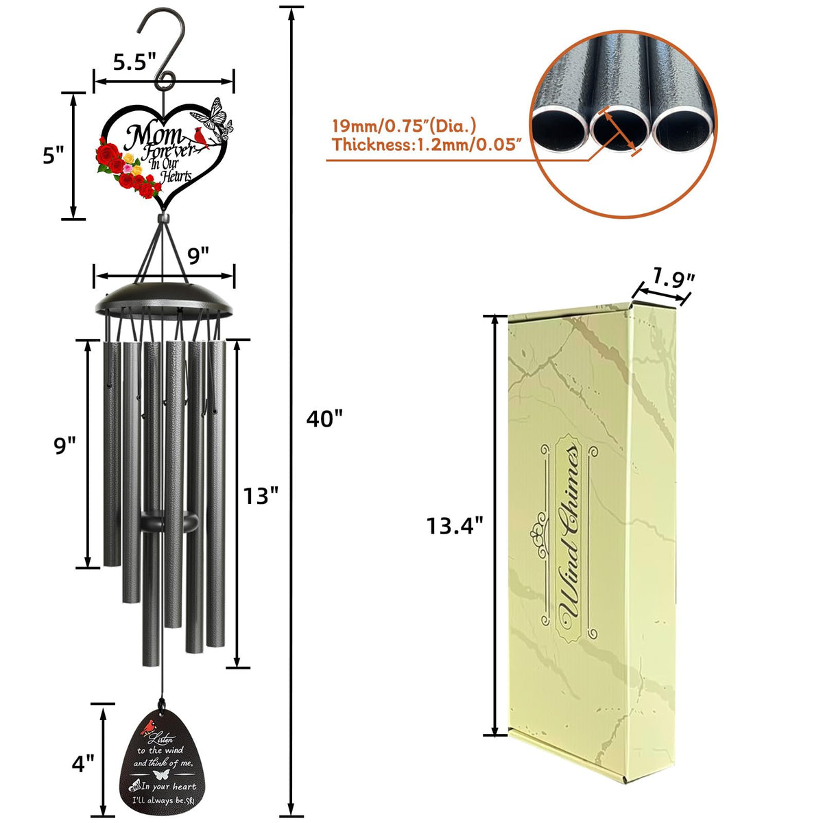 TUHYOCG memorial wind chimes 40-inch length ideal for garden decor.