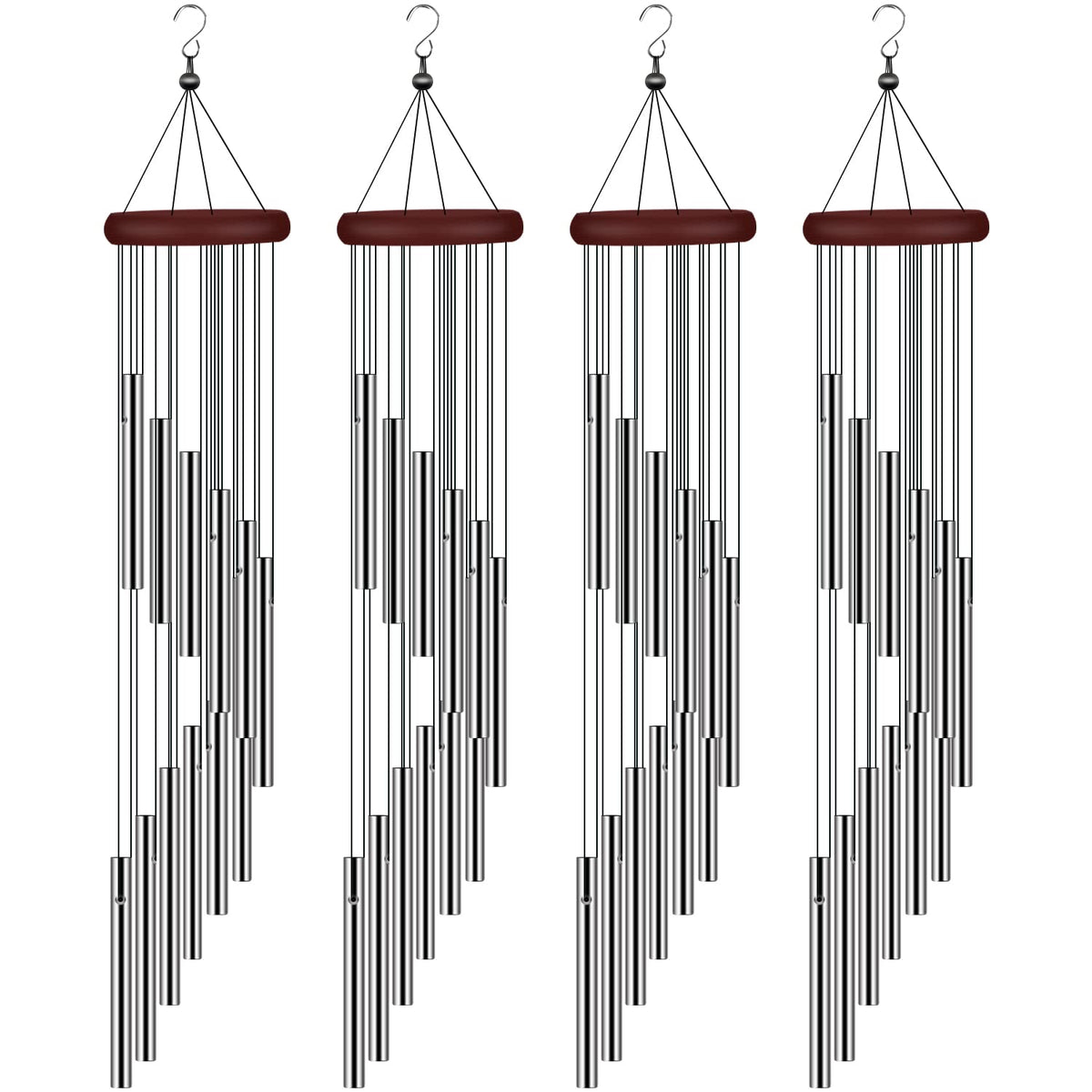 Tujol 4-pack wind chimes outdoors with hook for easy hanging and gentle tones.