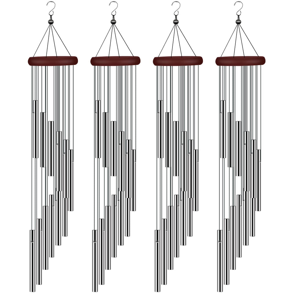 Tujol 4-pack wind chimes outdoors with hook for easy hanging and gentle tones.