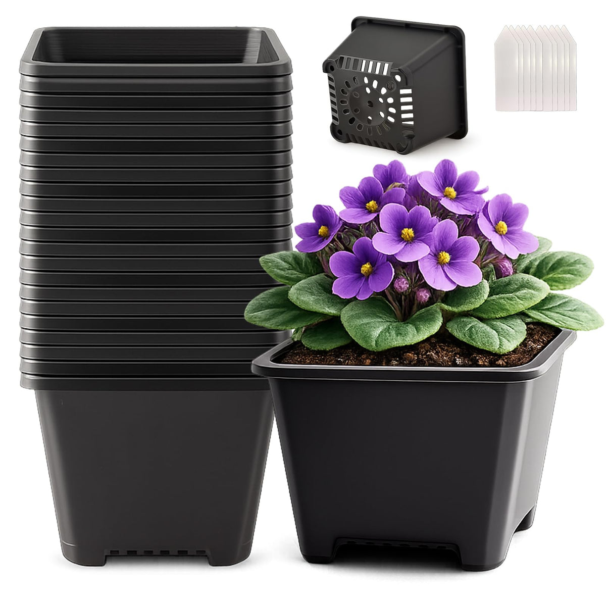 Tulpeed 25-pack square nursery pots with drainage holes for seedling starting.