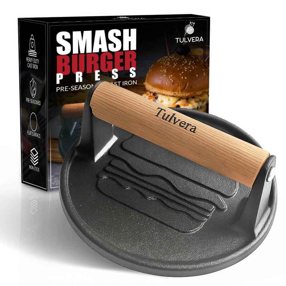Tulvera Smash Burger Press cast iron 6.1 inches for juicy, evenly pressed burgers.