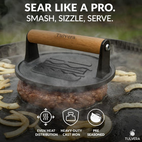 Tulvera Smash Burger Press flat-edge design ensures even pressure and clean sear.