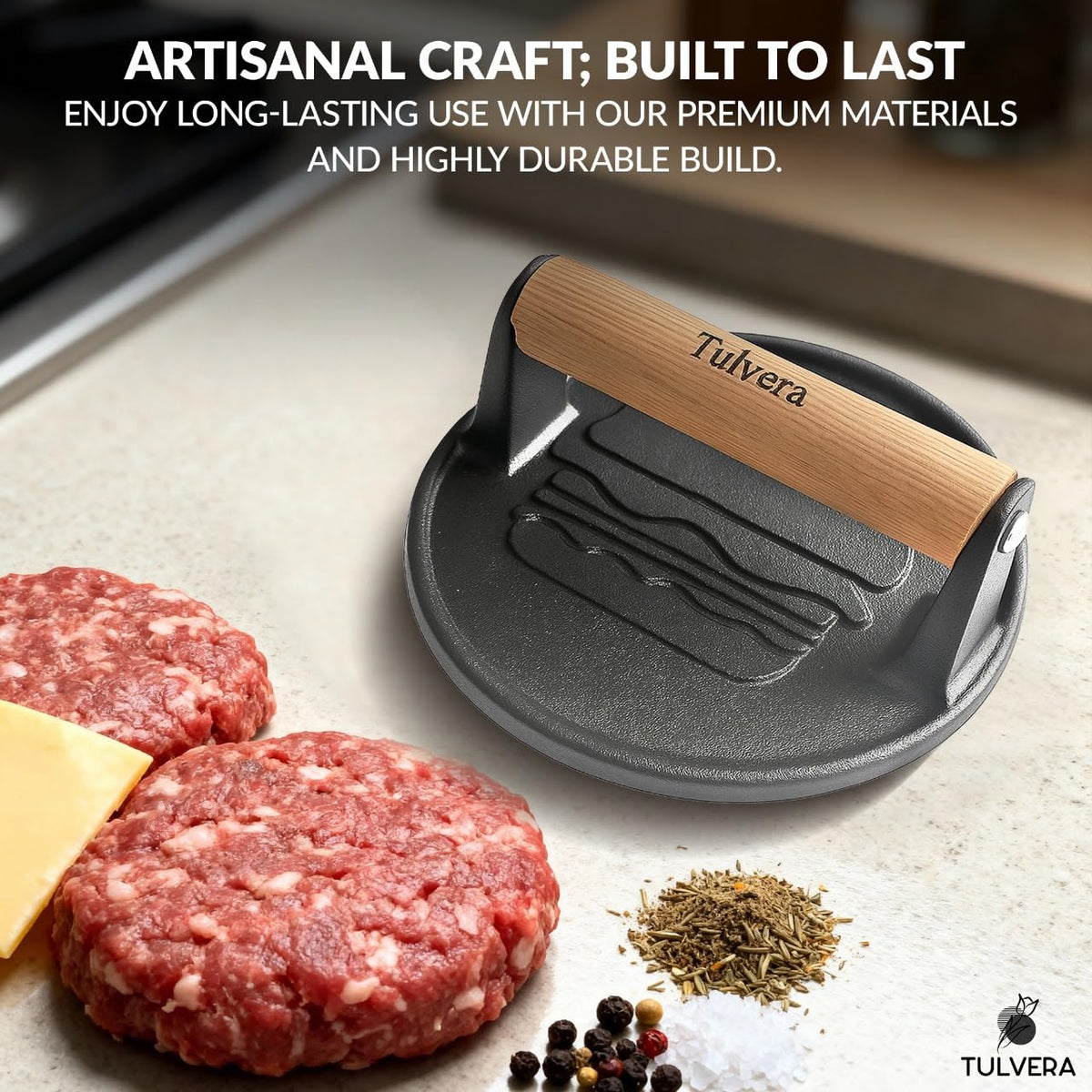 Tulvera versatile tool for burgers, bacon, steak, and vegetables in outdoor cooking.