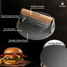 Tulvera Smash Burger Press on griddle delivers even heat distribution for uniform browning.