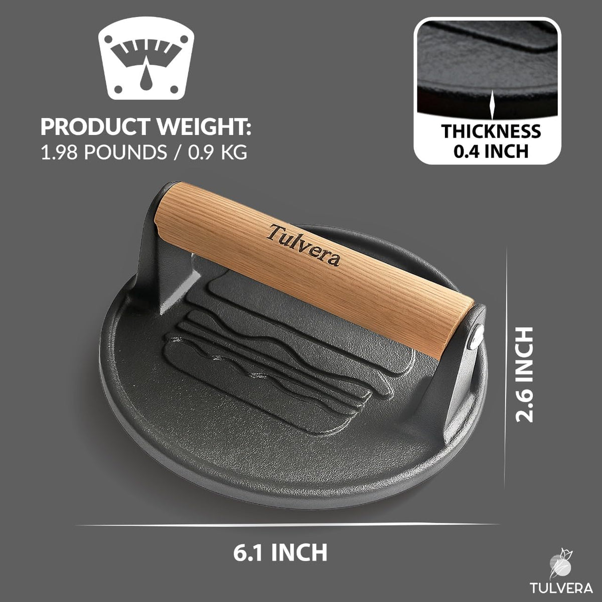 Tulvera Smash Burger Press pre-seasoned cast iron for easy maintenance and quick use.