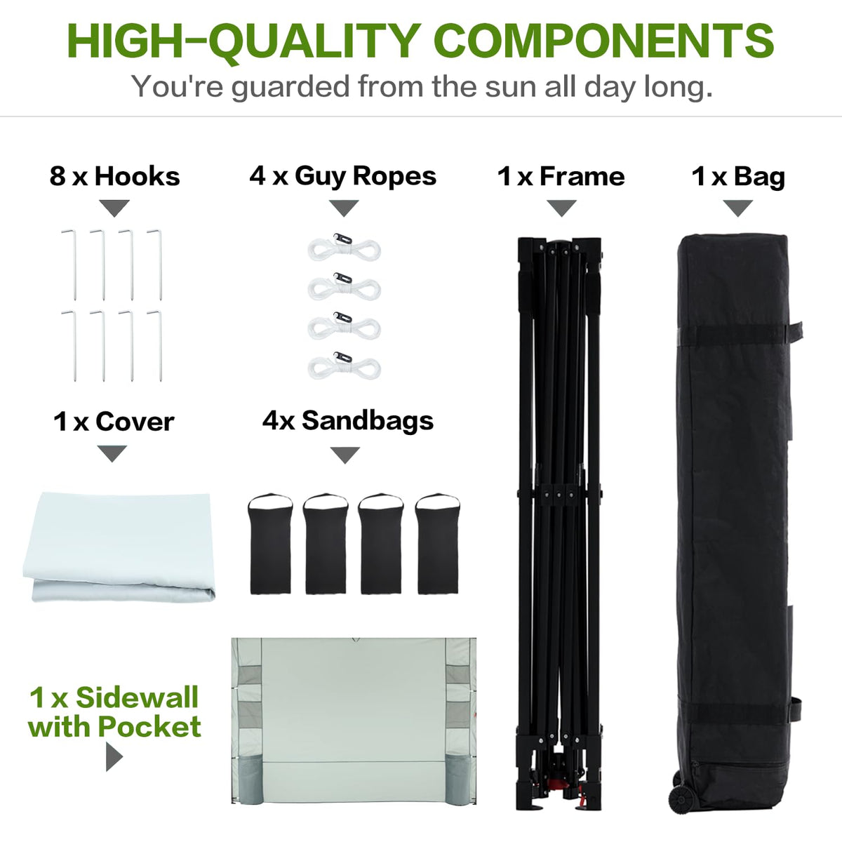 Tunbne canopy includes stakes, ropes, and sandbags for secure setup