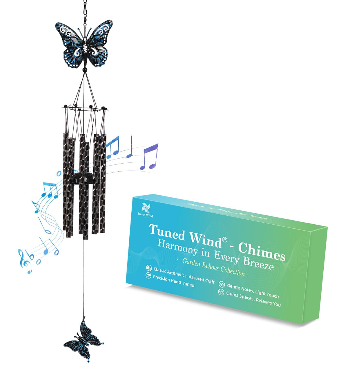 Tuned Wind 32-inch butterfly wind chime in a garden setting, enhancing outdoor ambience.