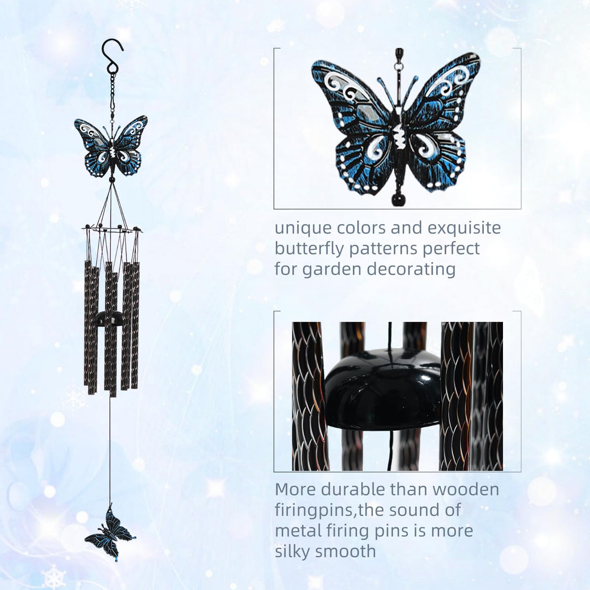 Tuned Wind butterfly chime close-up highlighting delicate butterfly motif and resonance.