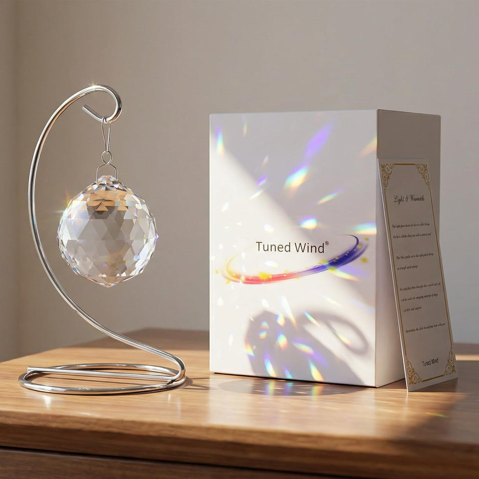 Tuned Wind rainbow memorial sun catcher on tabletop creates daily light memories.