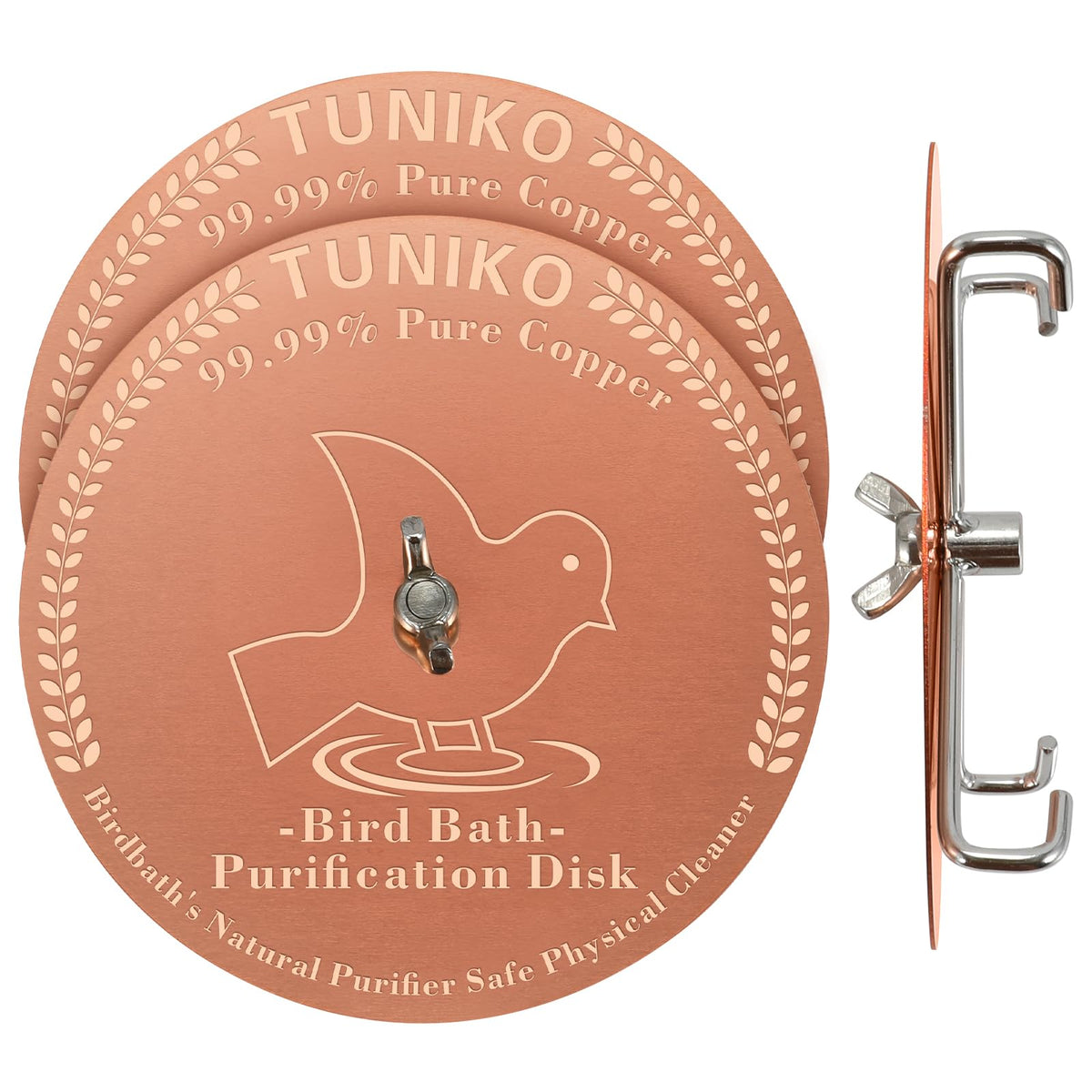 TUNIKO bird bath copper disc enhances water clarity with low-maintenance design.