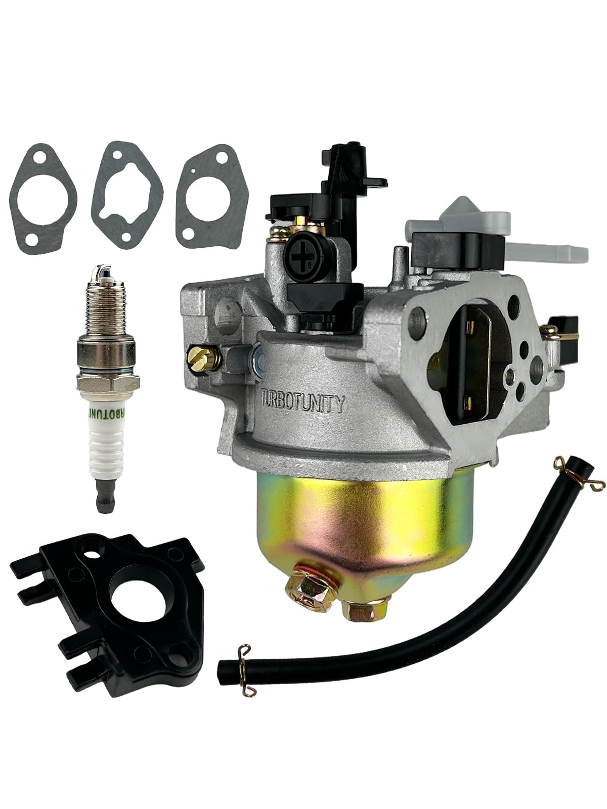 TURBOTUNITY GX390/GX340 carburetor kit close-up showing precise fuel components.