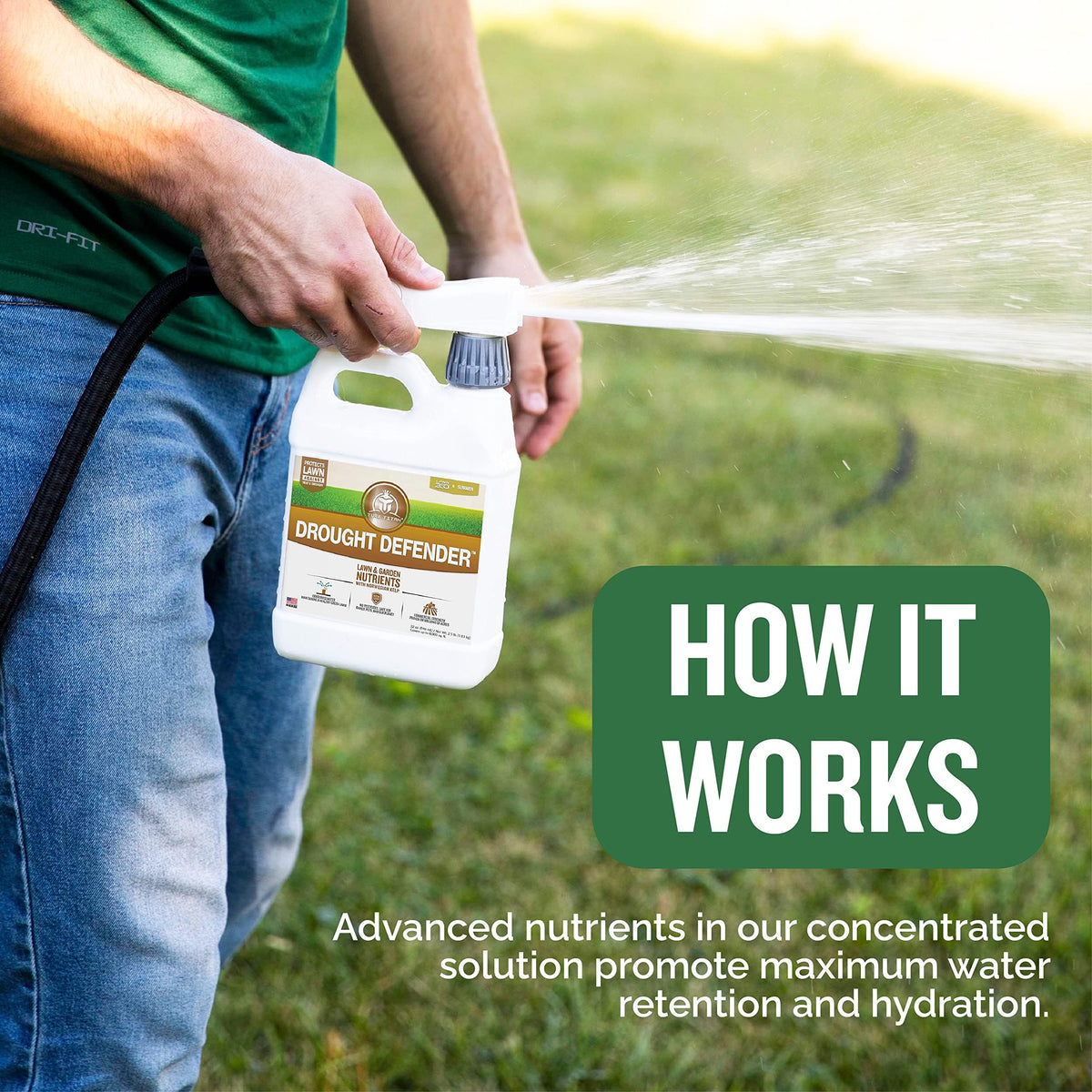 Turf Titan Drought Defender lawn application demonstrates accessible care for stressed turf.