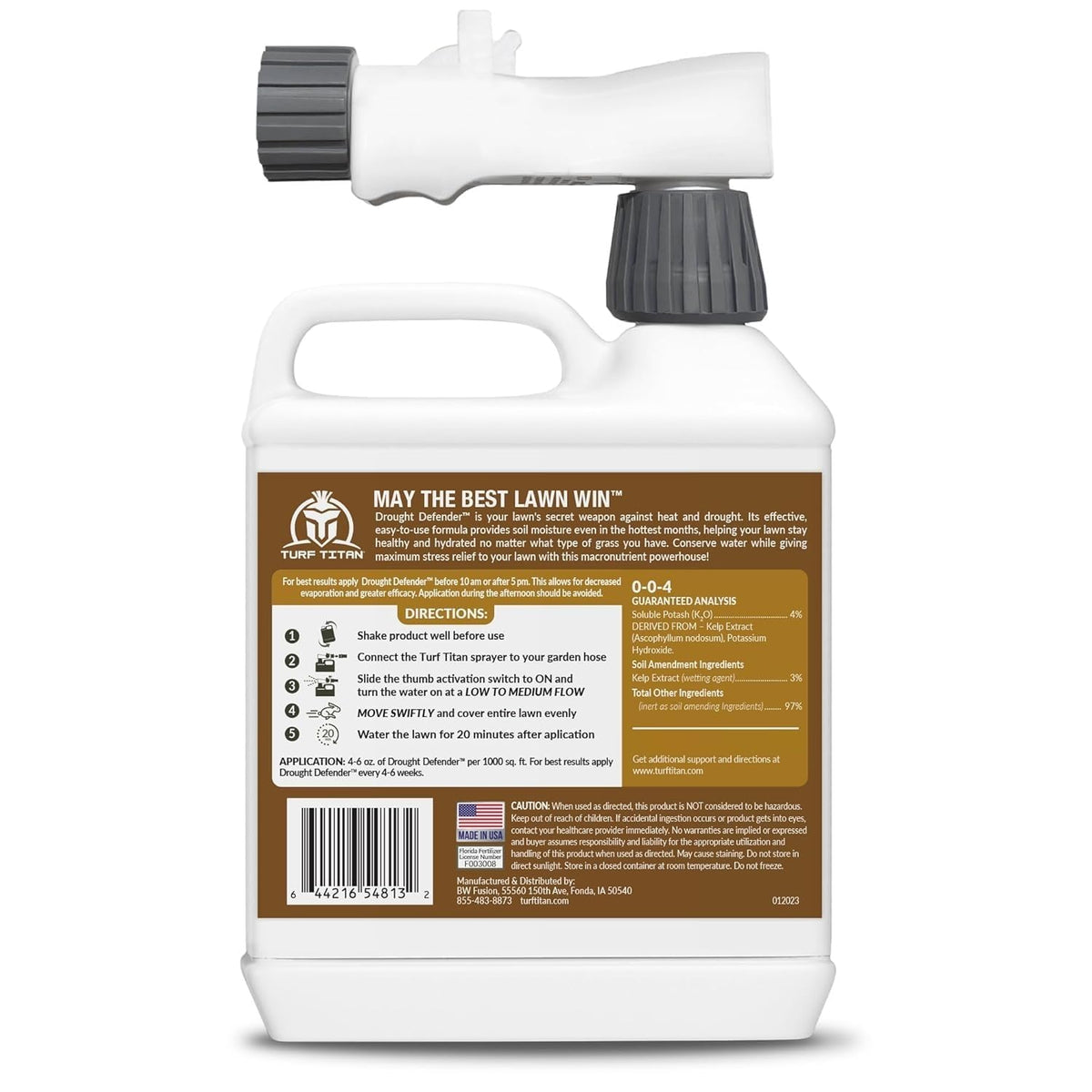 Turf Titan Drought Defender slow-release nitrogen promotes steady lawn nourishment.