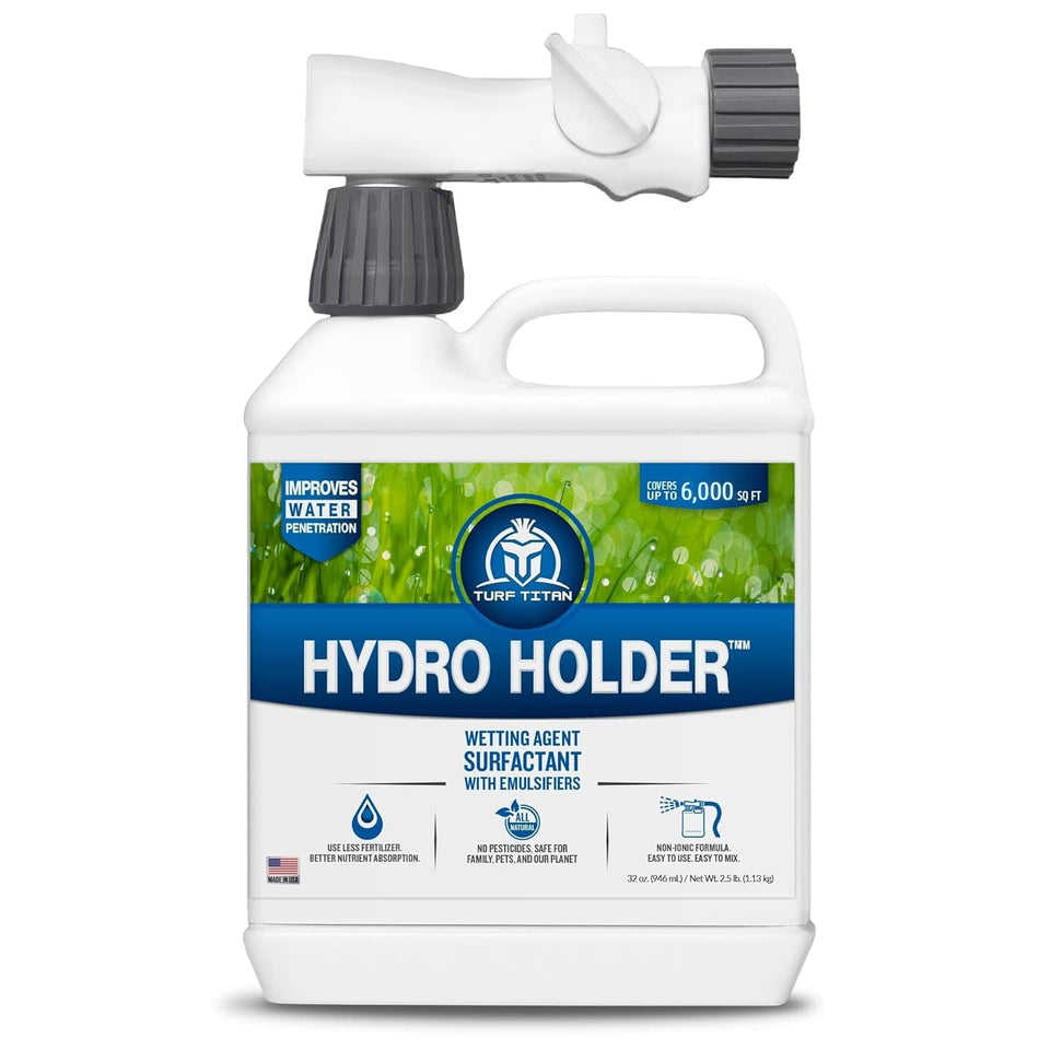 Turf Titan Hydro Holder 32oz bottle enhances soil absorption for efficient lawn watering