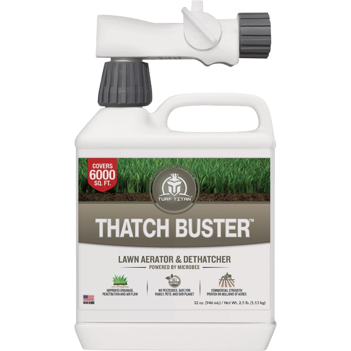 Turf Titan Thatch Buster bottle pour demonstrates easy lawn treatment for even coverage.