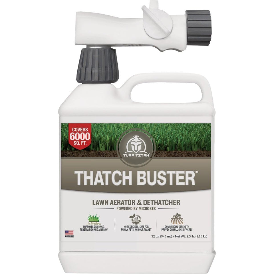 Turf Titan Thatch Buster bottle pour demonstrates easy lawn treatment for even coverage.