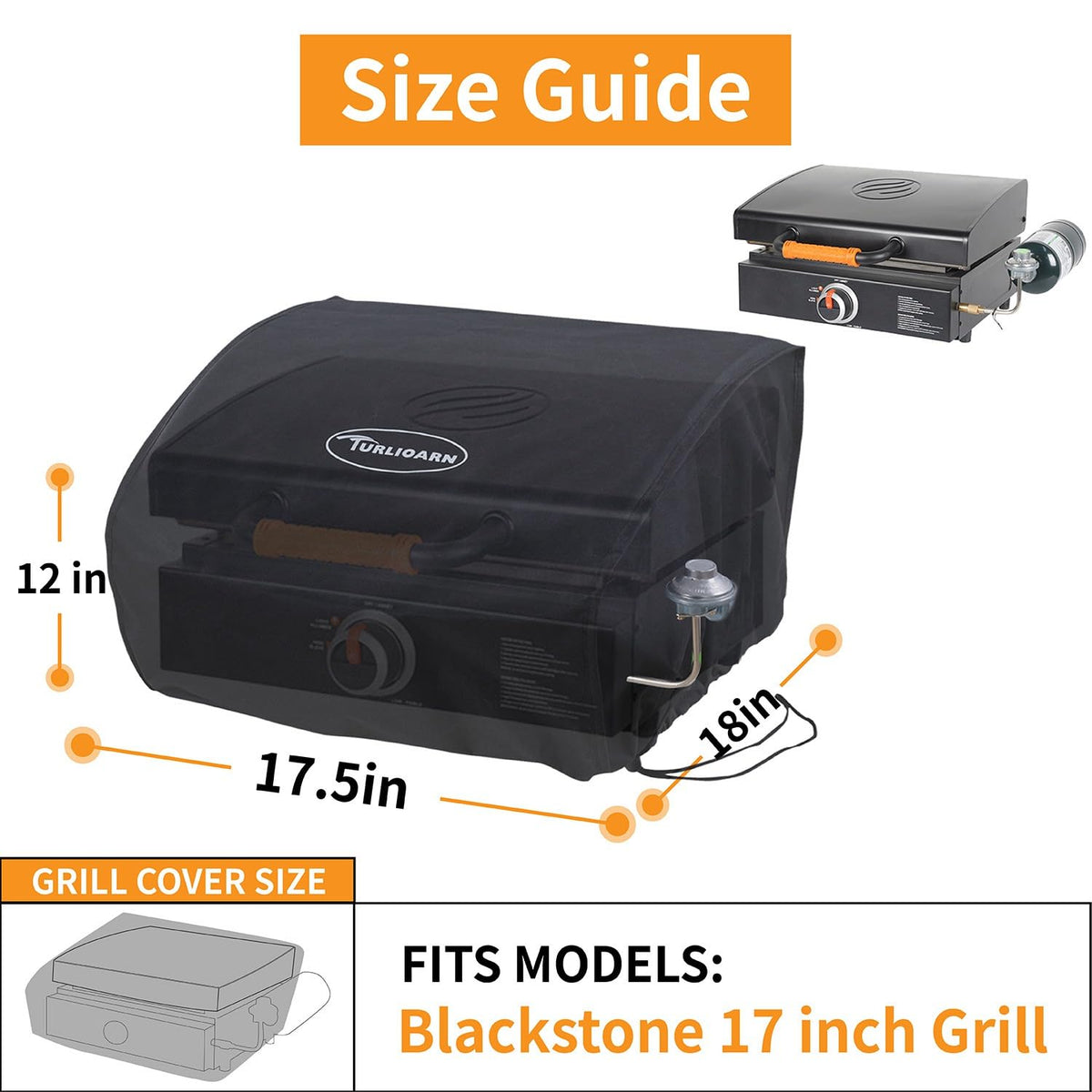 TURLIOARN Blackstone 17in griddle cover uses heavy-duty 600D polyester for durability.