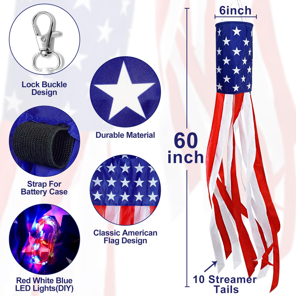 TURNMEON 3 pack windsocks with DIY LED lights for customizable patriotic décor