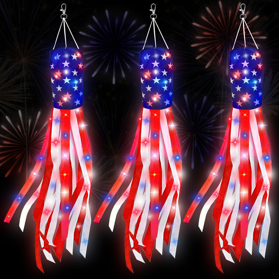 TurnMeOn 3-pack 70-inch American flag windsock with lights for striking outdoor patriotism.