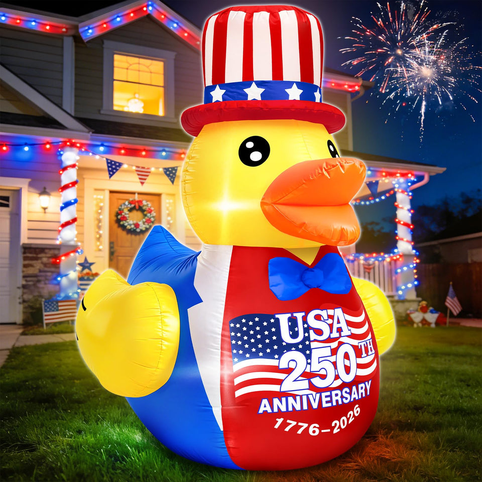 TURNMEON 4FT patriotic duck inflatable with flag hat for eye-catching outdoor decor.