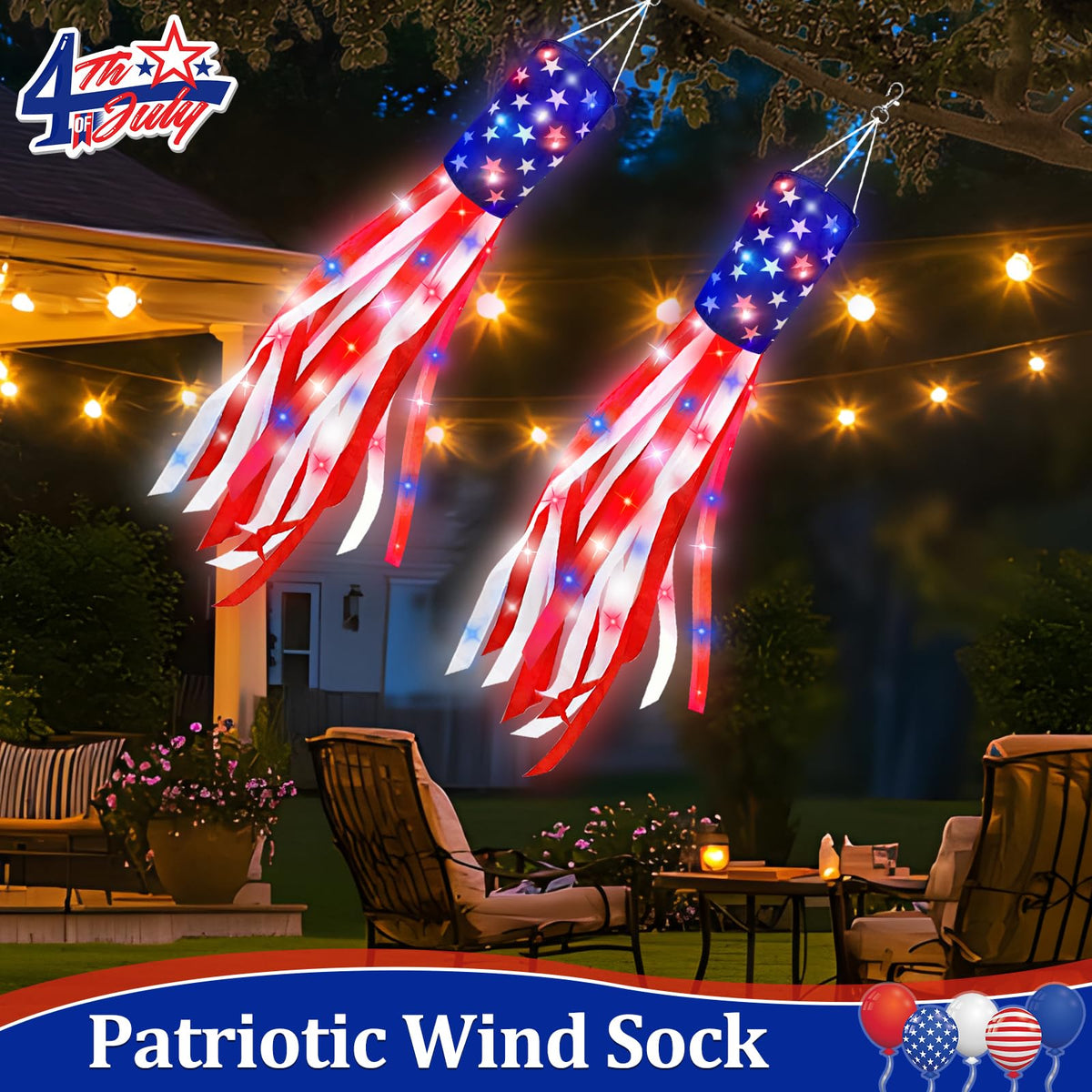 TURNMEON 4th of July windsock lights up yard at night