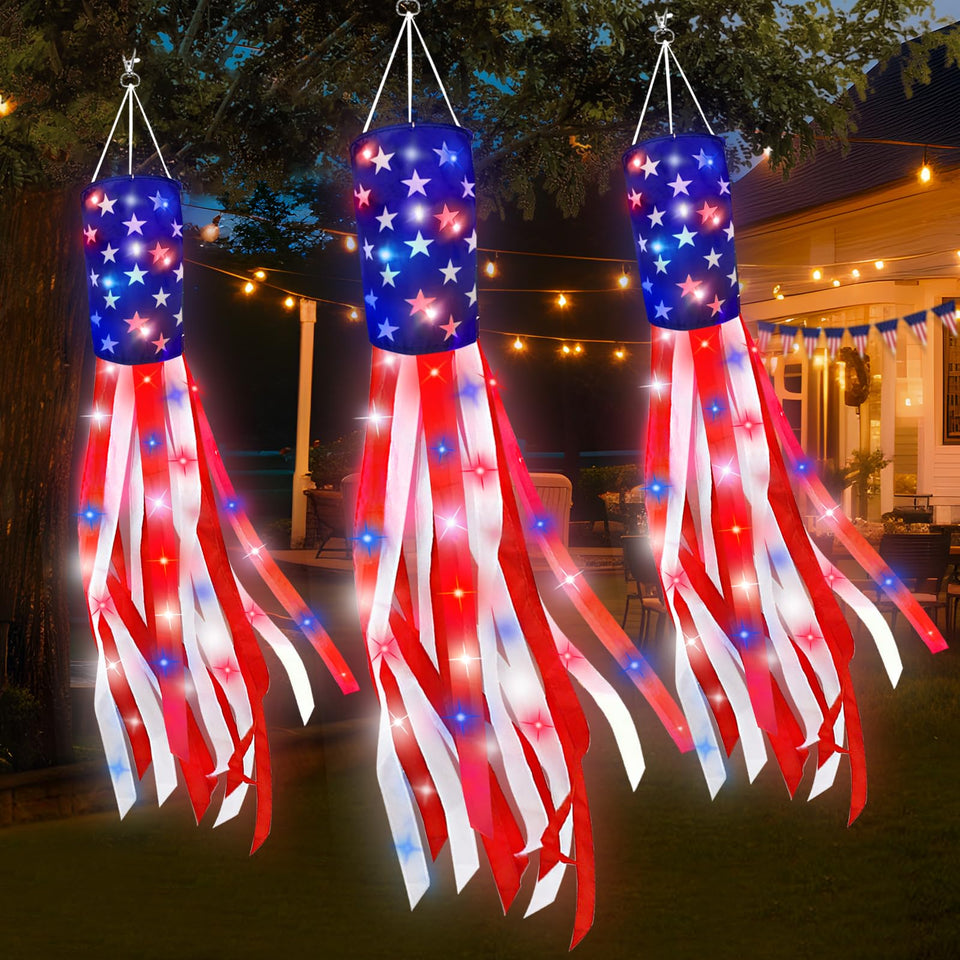 TURNMEON 60 inch American flag windsock with LED lights for outdoor patriotic display