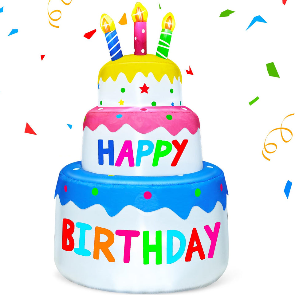 TURNMEON 6ft inflatable birthday cake with LED lights enhances outdoor celebrations