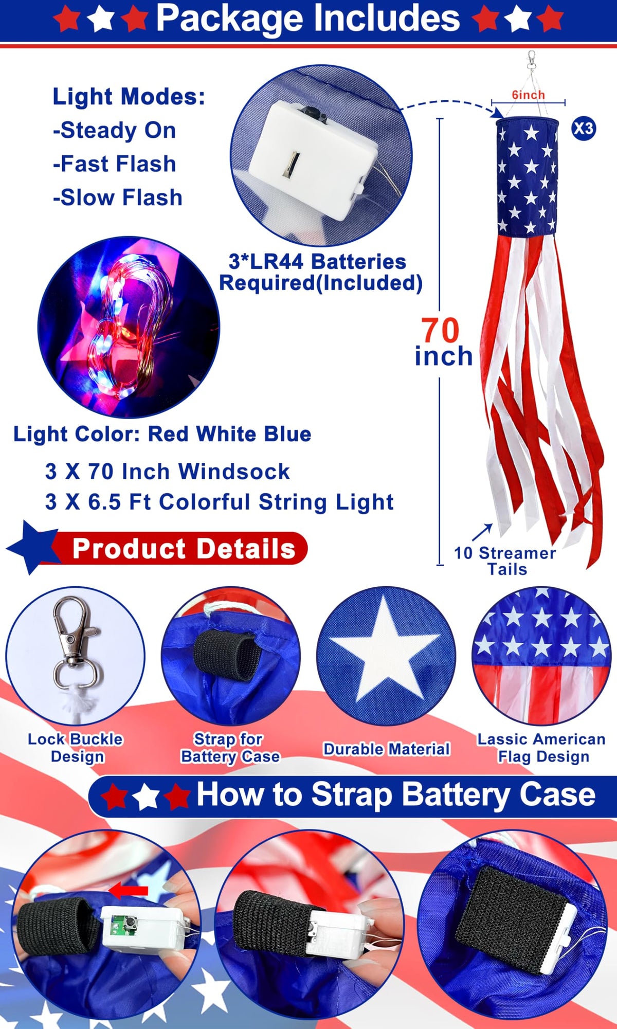 TurnMeOn 70-inch flag windsock close-up showing durable edge-sealing for outdoor use.