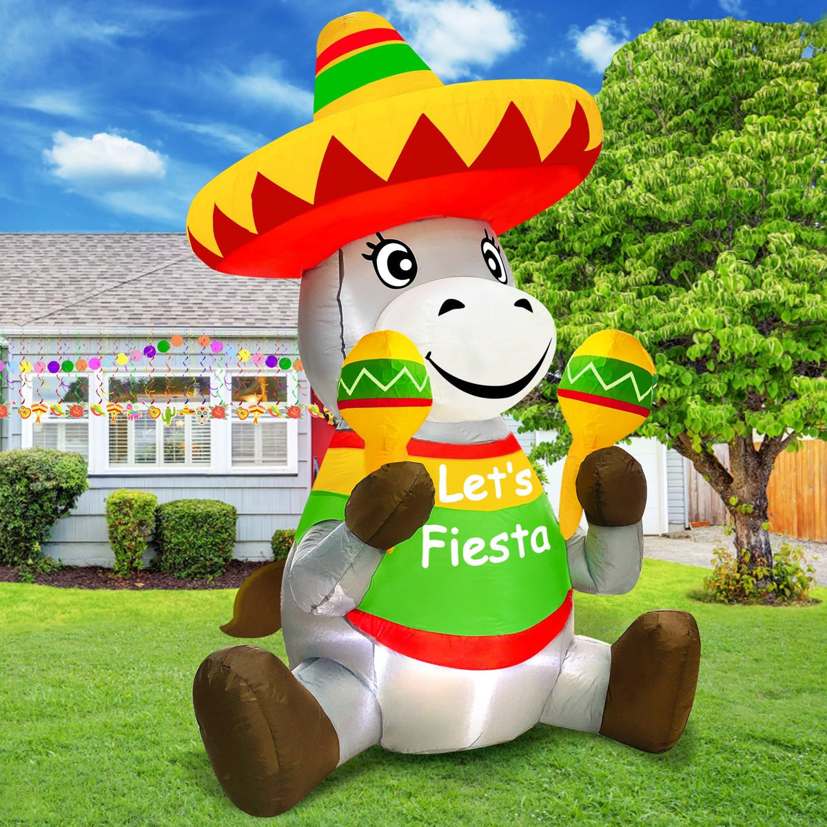 TURNMEON Cinco de Mayo donkey inflatable front view with LED lights for yard celebrations.