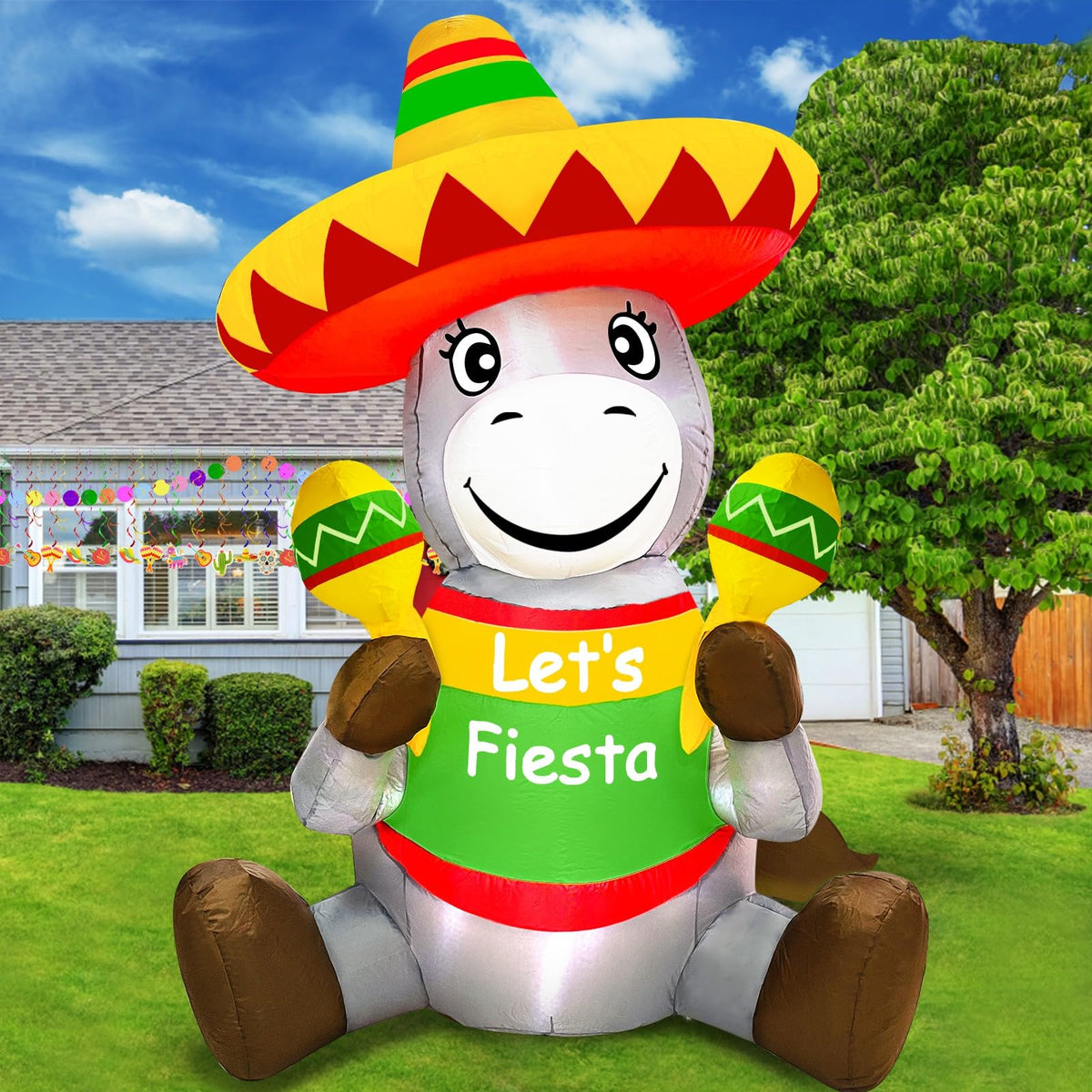 TURNMEON inflatable donkey with sombrero and maracas, ideal festive ambience at outdoor parties.