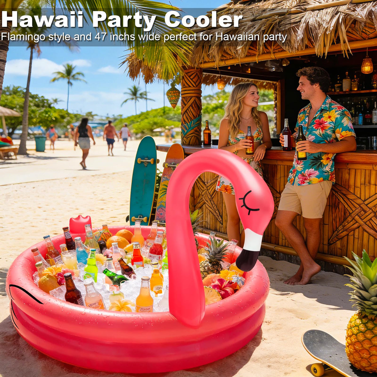 Turnmeon inflatable flamingo cooler in poolside party setup