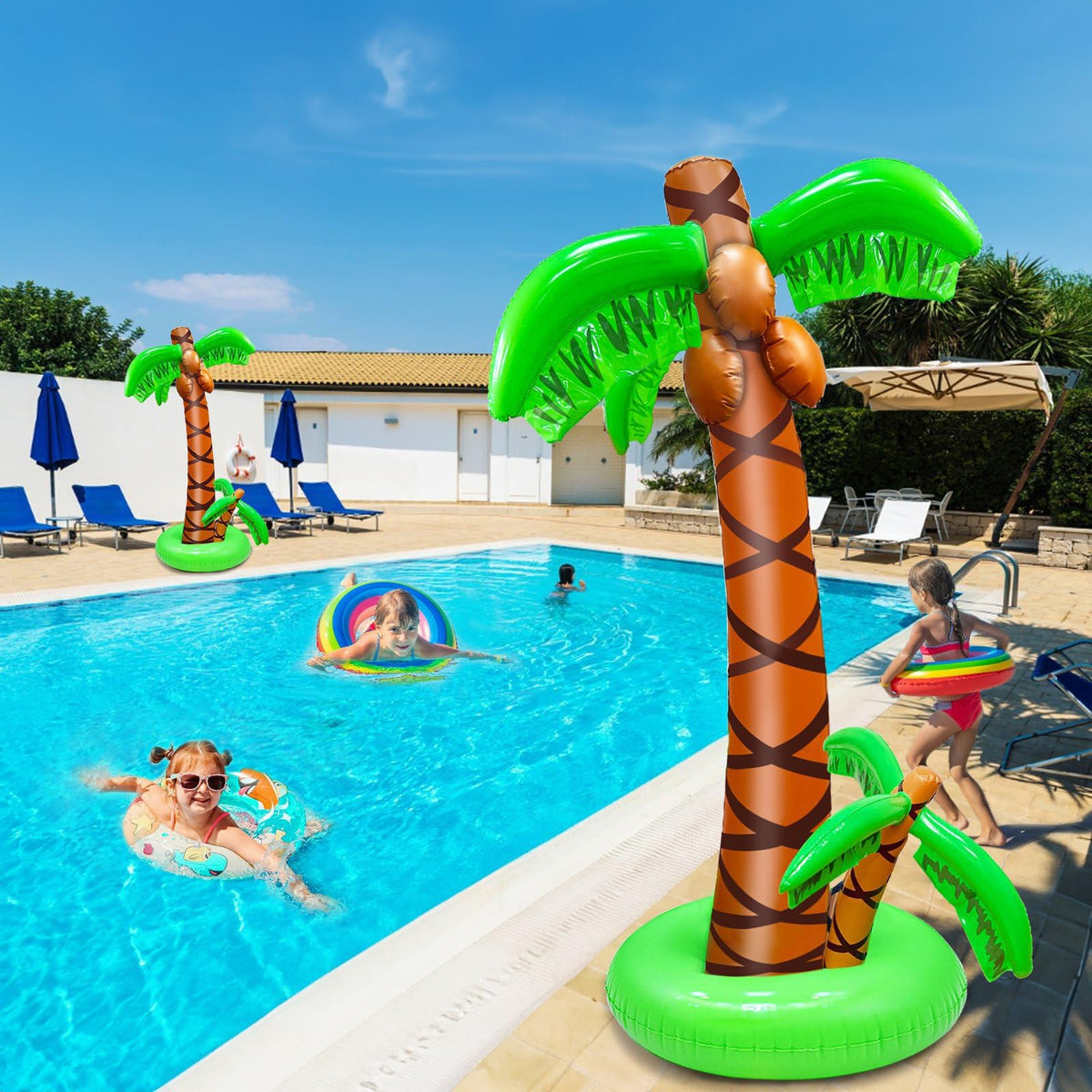 TURNMEON inflatable palm tree base with water port for stability.