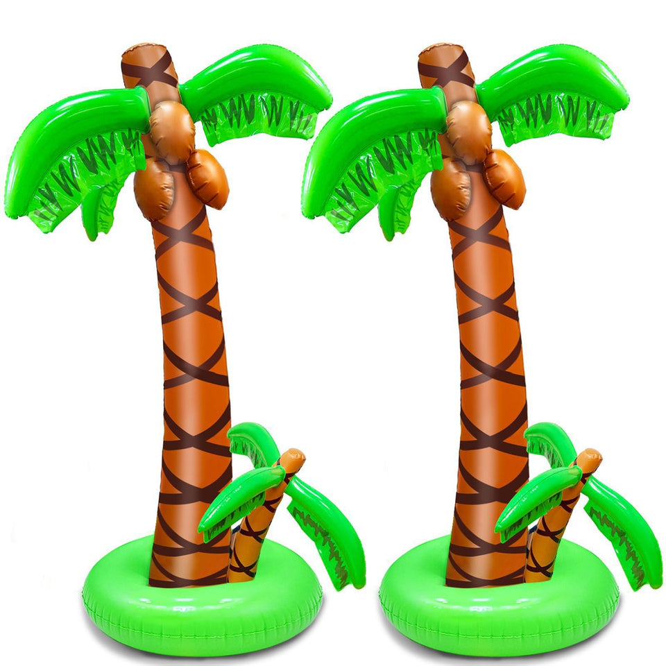 TURNMEON two-trunk inflatable palm tree, front view, dramatic poolside backdrop.