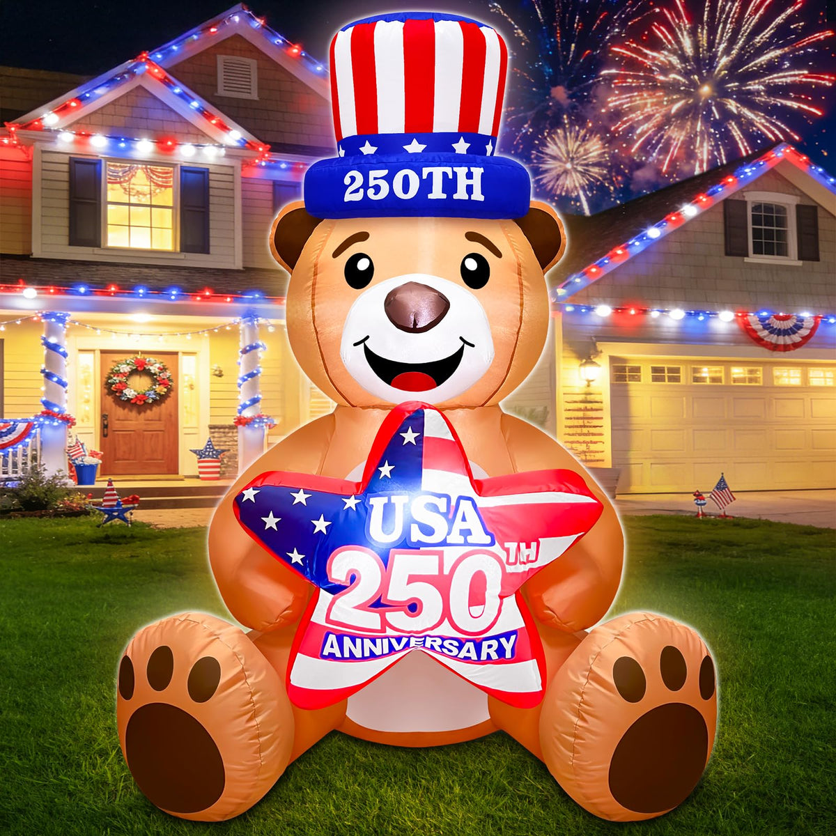 TURNMEON Uncle Sam Bear inflatable outdoors glows with built-in LED lights after dusk