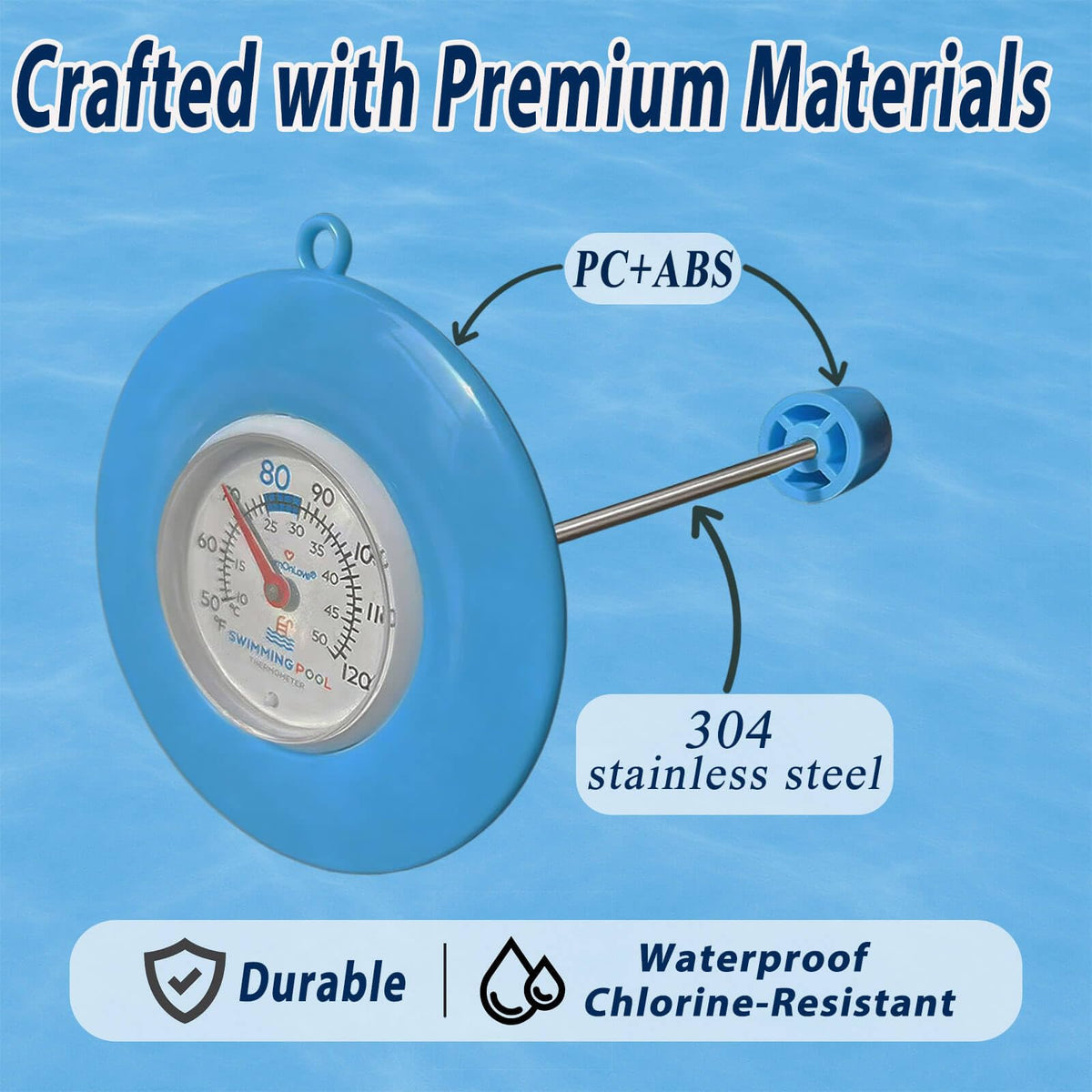 TurnOnLove 304 stainless steel probe resists corrosion in chlorine.