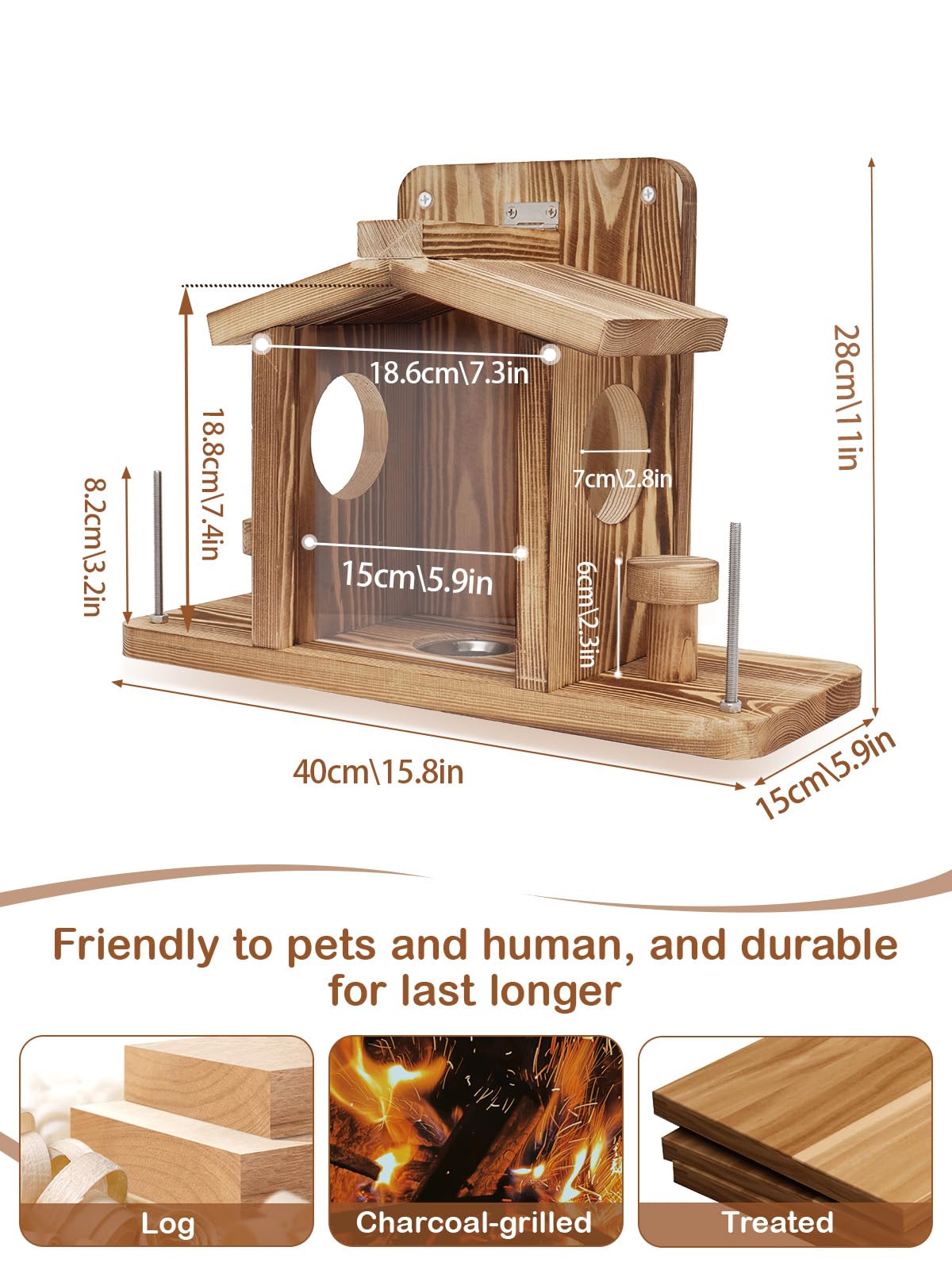 Turosur Squirrel Feeder close-up shows wooden construction built to last through seasons.