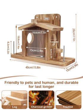 Turosur Squirrel Feeder close-up shows wooden construction built to last through seasons.