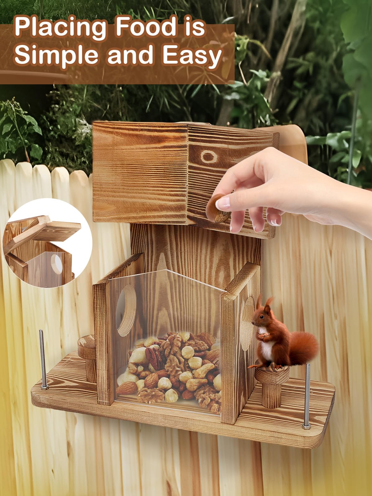 Turosur wooden squirrel house shows weatherproof finish for year-round garden enjoyment.