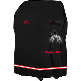 Turtle Life BBQ Grill Cover front view protecting a 32-inch two-burner grill from rain