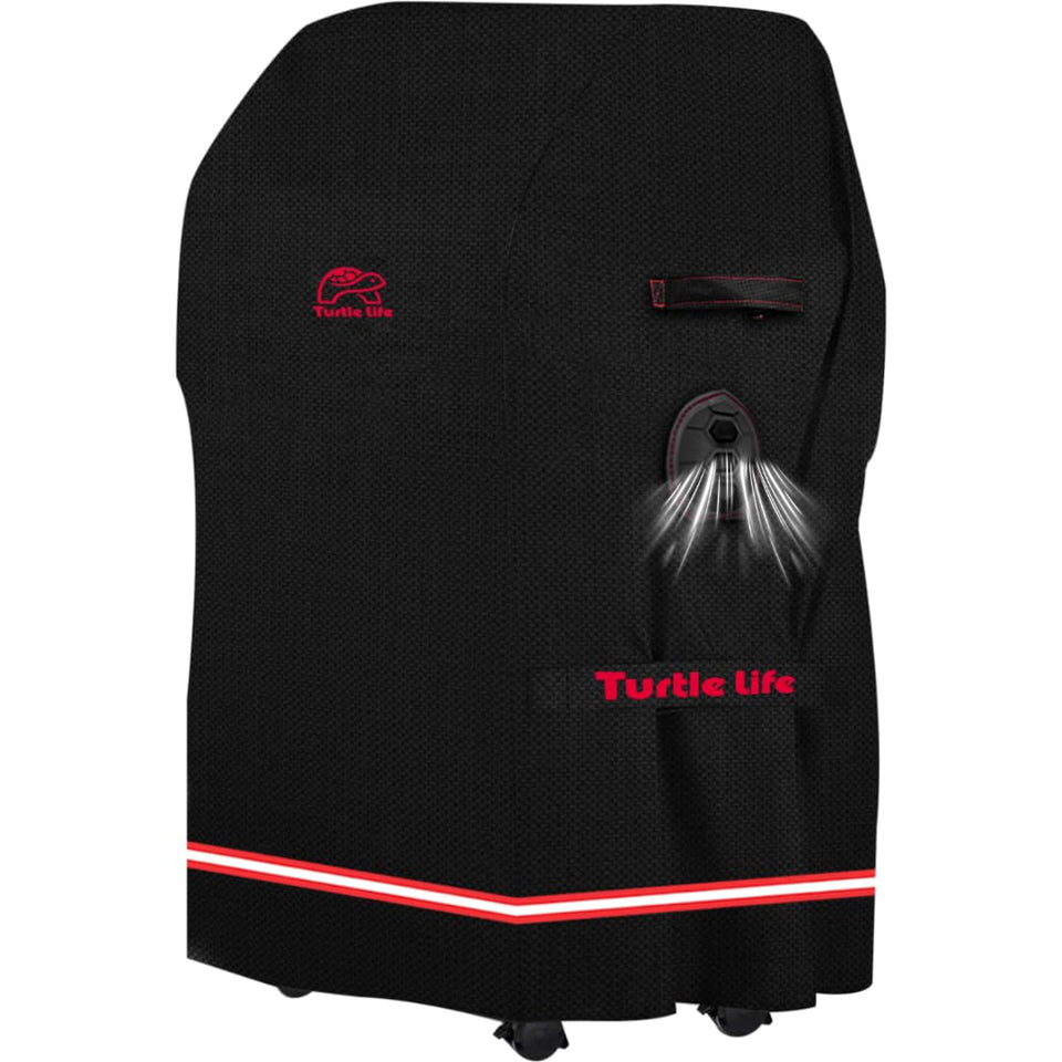 Turtle Life BBQ Grill Cover front view protecting a 32-inch two-burner grill from rain