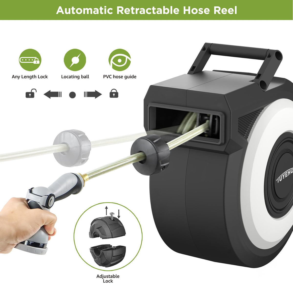 180 degree swivel bracket on Tuyeho hose reel for wide reach